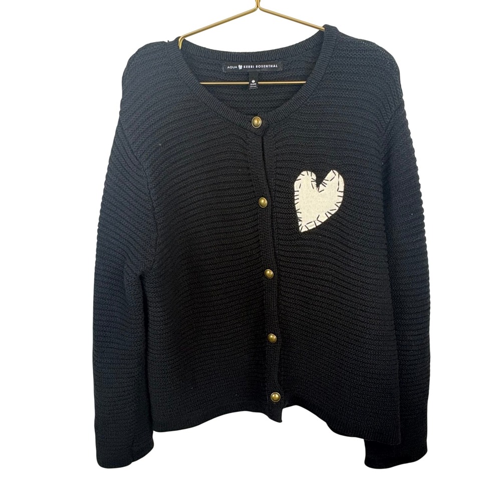 Aqua x Kerri Rosenthal Black Ribbed Heart Patch Button Front Cardigan XL Womens